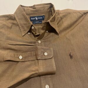 Polo Ralph Lauren XL Solid Tan Button Down Shirt Two-Ply Cotton Blake Brown Pony